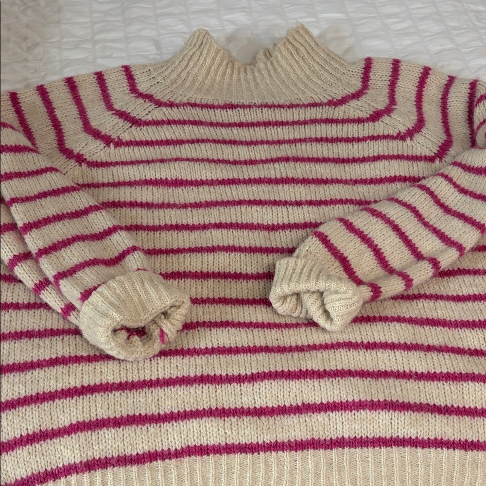 Striped Turtleneck Sweater - Cream and Pink